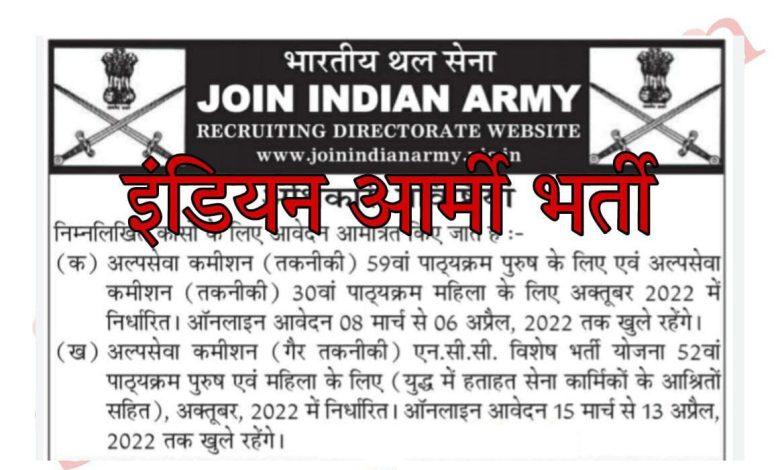 Indian Army 59th SSC (Men) 30th SSC (Women) Recruitment 2022